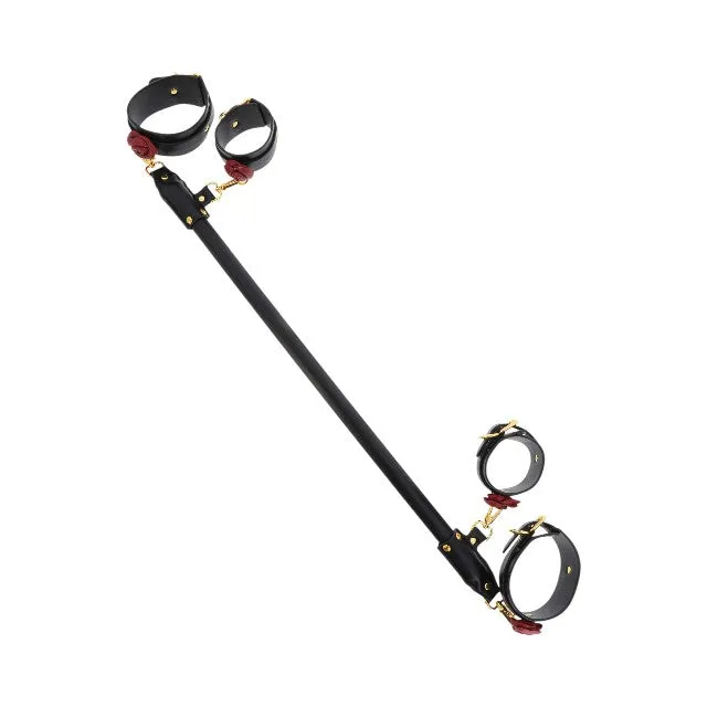 Bară TABOOM Bondage Spreader Bar Wild Roses pentru jocuri erotice BDSM. cu cătușe din piele ecologică și trandafiri decorativi. negru cu roșu