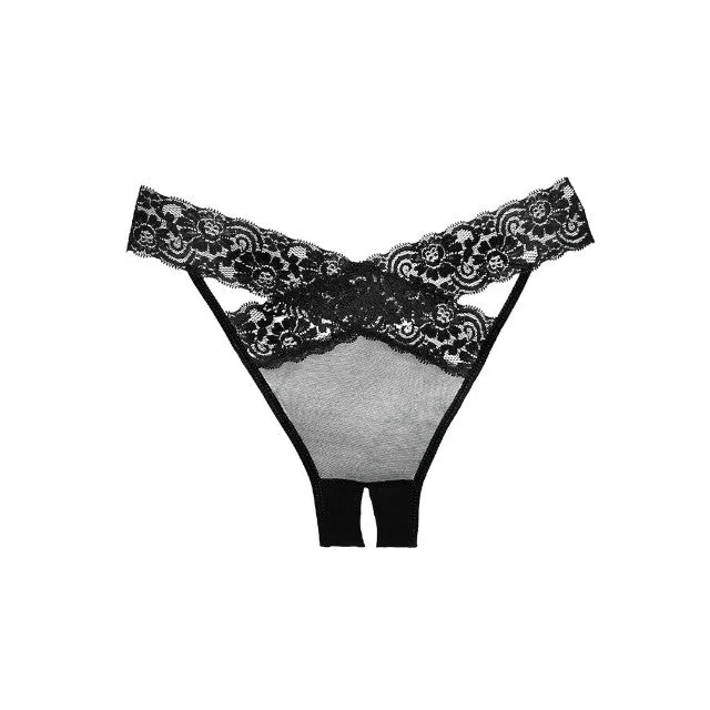 Chilot sexy ALLURE Desire Crotchless Panties. design încrucișat cu dantelă și plasă. culoarea negru. mărime universală