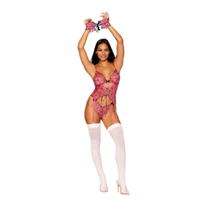Dreamgirl Multicolored Heart Embroidered Bustier. G-string and Wrist Restraints Set Peony O/S