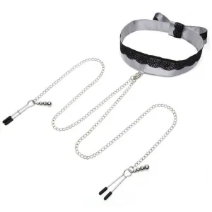 Fifty Shades of Grey - Play Nice Satin & Lace Collar & Nipple Clamps (Grey)