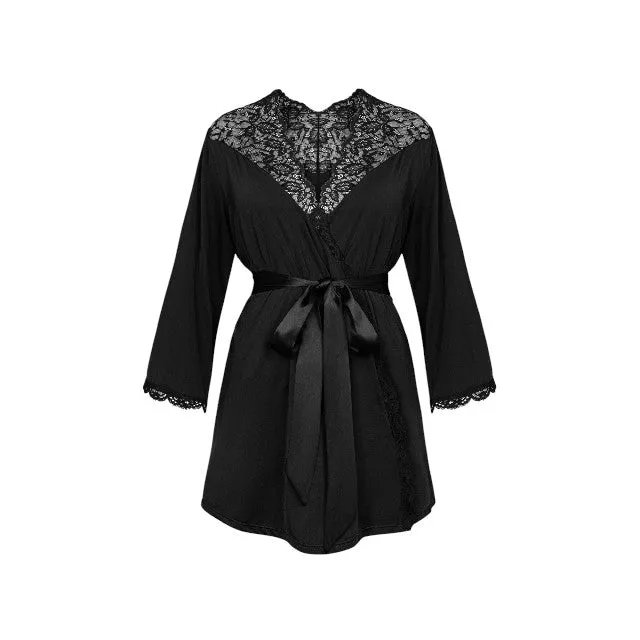 Halat sexy OBSESSIVE Bellastia Peignoir. din satin cu dantelă decorativă. culoare negru. mărime XL/XXL