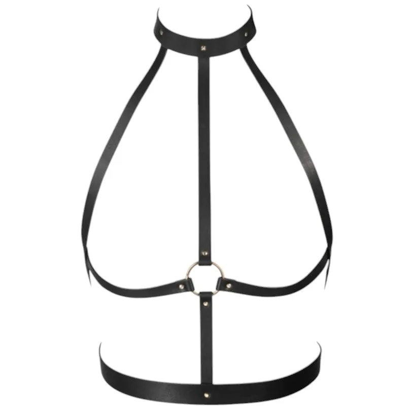 Ham feminin BIJOUX INDISCRETS Maze H Harness. design cu choker și inel sub sâni. din piele ecologică. negru. mărime universală