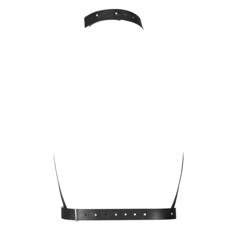 Ham feminin BIJOUX INDISCRETS Maze H Harness. design cu choker și inel sub sâni. din piele ecologică. negru. mărime universală