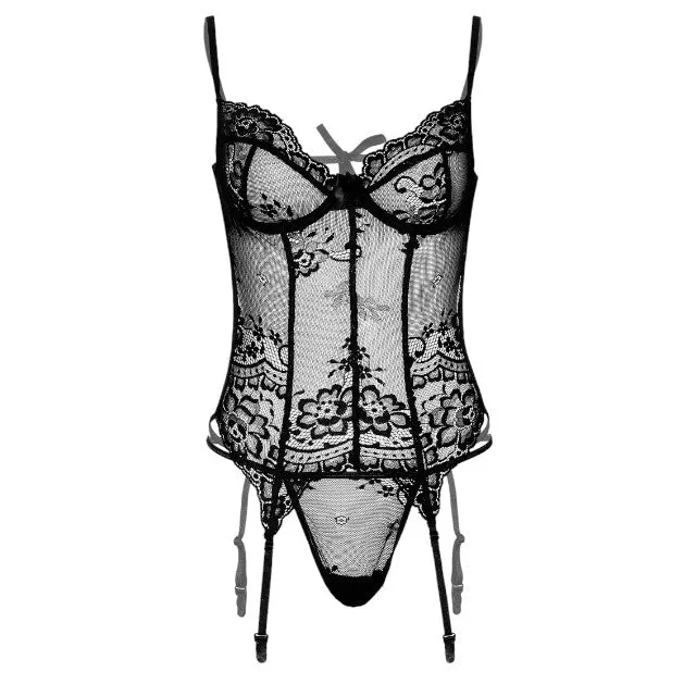 Lenjerie sexy 2 piese DARING INTIMATES Underwire Cami Garter. Top din dantelă și bretele   Chilot tanga. negru. mărime S/M. model 75115