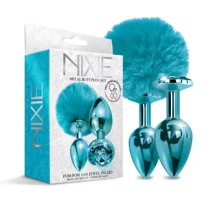 NIXIE Metal Butt Plug Set. Pom Pom and Jewel Inlaid. Blue Metallic Anal